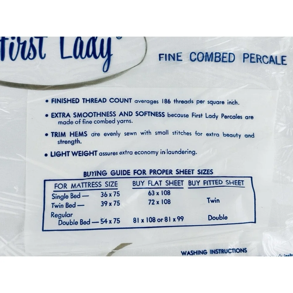 First Lady Fine Combed‎ Percale Twin Bed Flat Sheet 72 x108 White Vintage